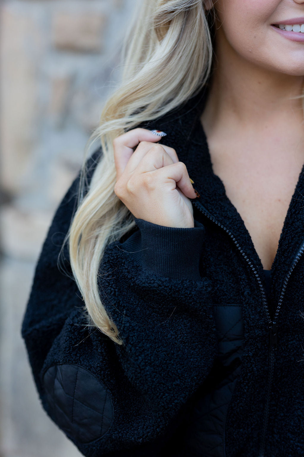 Black Sherpa Cropped Zip Jacket