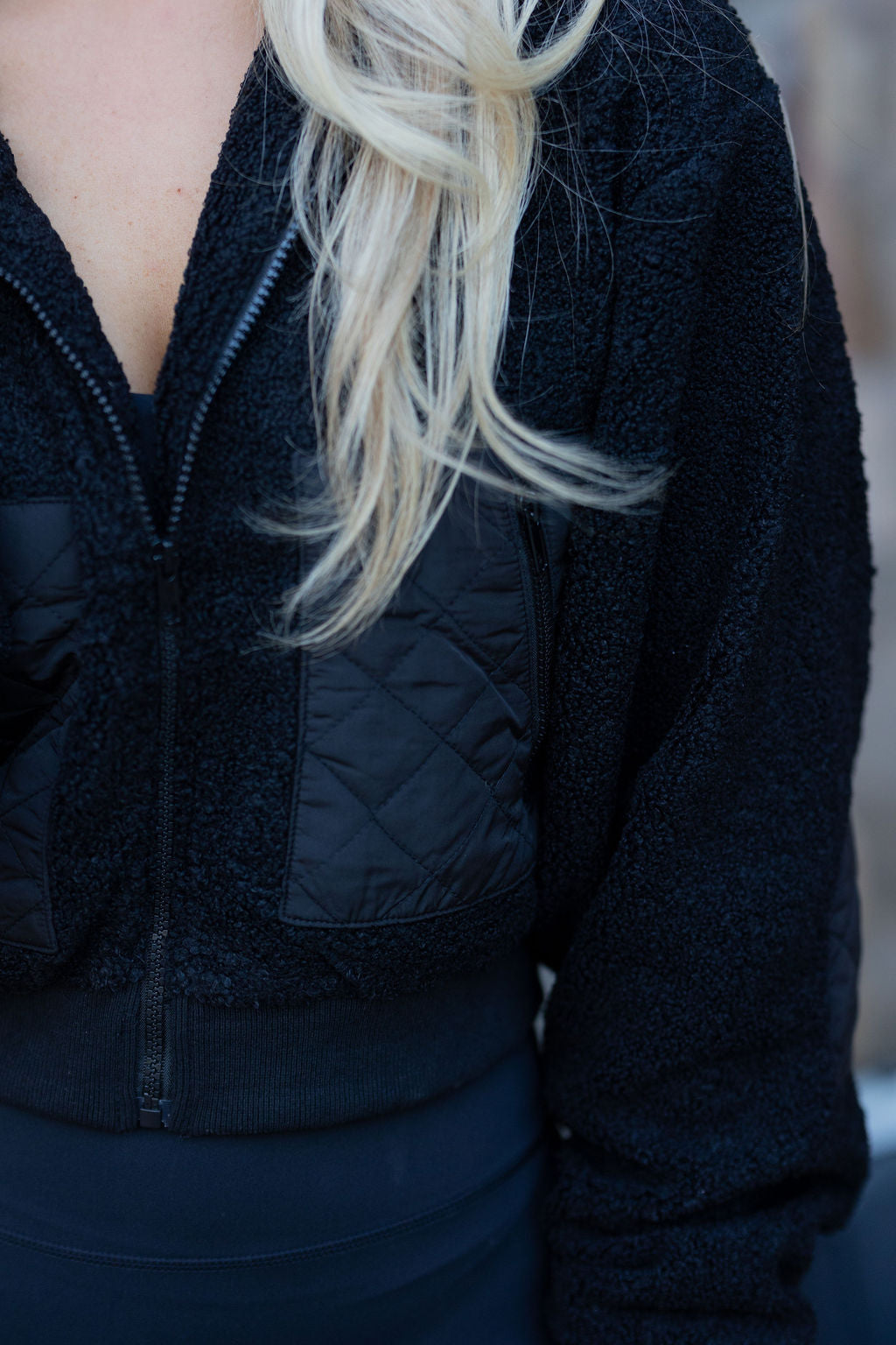 Black Sherpa Cropped Zip Jacket