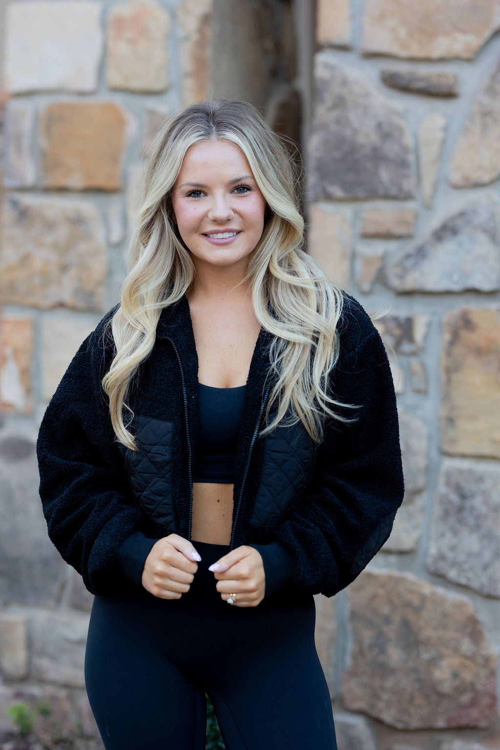 Black Sherpa Cropped Zip Jacket